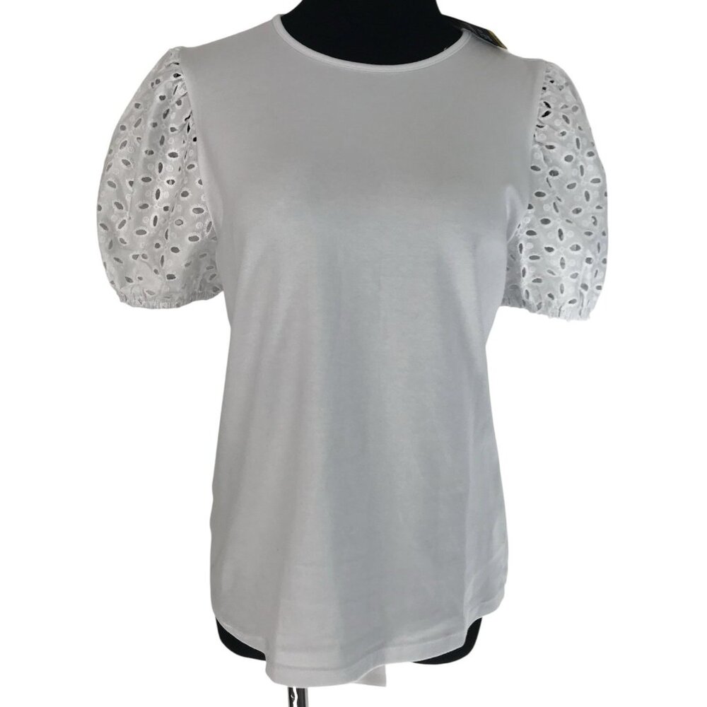 Express Womens Eyelet Short Sleeve White Top Blouse Shirt Size Medium
